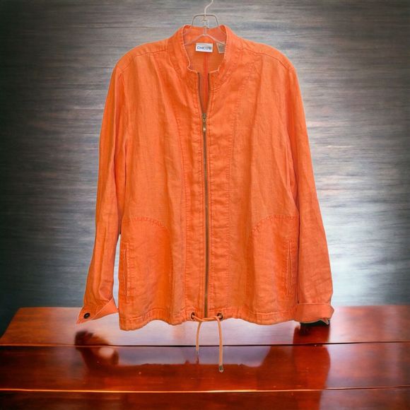 Chico's 2/L/12 100% Linen Tangerine Casual Zip Front Lightweight Jacket - Picture 1 of 6